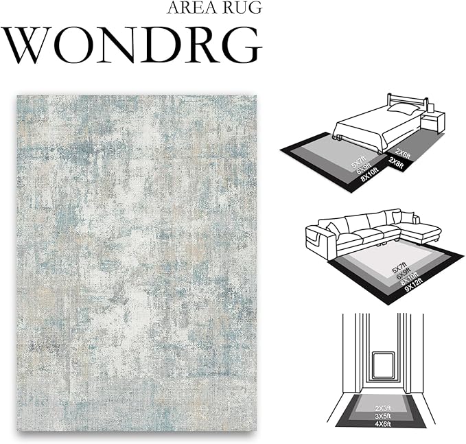 2x12 Washable Runner Rug Blue Cream Abstract Hallway Kitchen Throw Rug Neutral - Image 2
