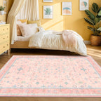 Pink and Blue Washable 5x8 Living Room Rugs, Boho Aethestic Oushak Vintage Area - Image 6