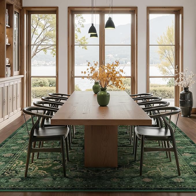 Large Vintage Area Rugs 9x12 for Living Room, Dark Green Tranditional - Image 3