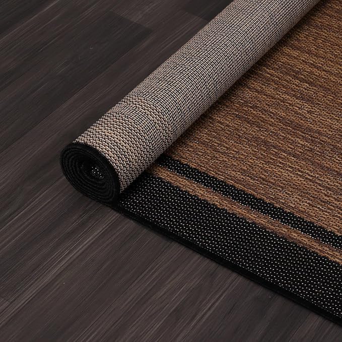 CAMILSON Indoor Outdoor Rug, 6x9 Bordered Nut Brown Black Modern Area Rugs - Image 3