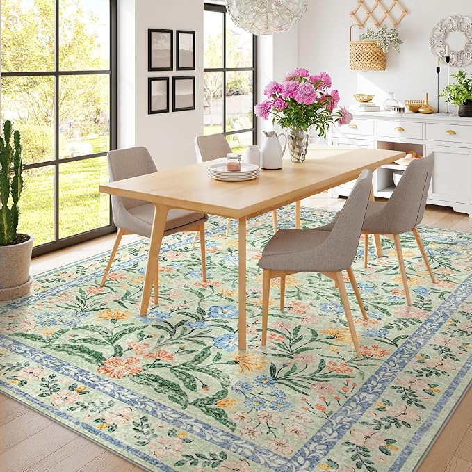Wonnitar Machine Washable Area Rugs 9x12, Soft Sage Green Floral Rug - Image 3