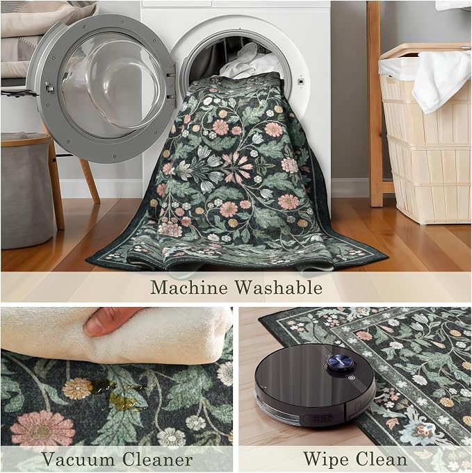 Dark Green Floral 8x10 Area Rugs - Image 5