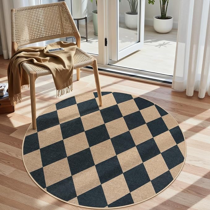 Lahome Checkered Round Entryway Rug 4ft, Circle Indoor Outdoor Patio Rug by Lahome
