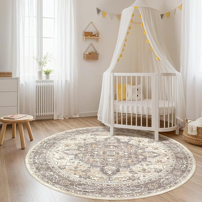 Round Rug Living Room Rugs: 4x4 Washable Boho Neutral Circle Soft Non-Slip - Image 5