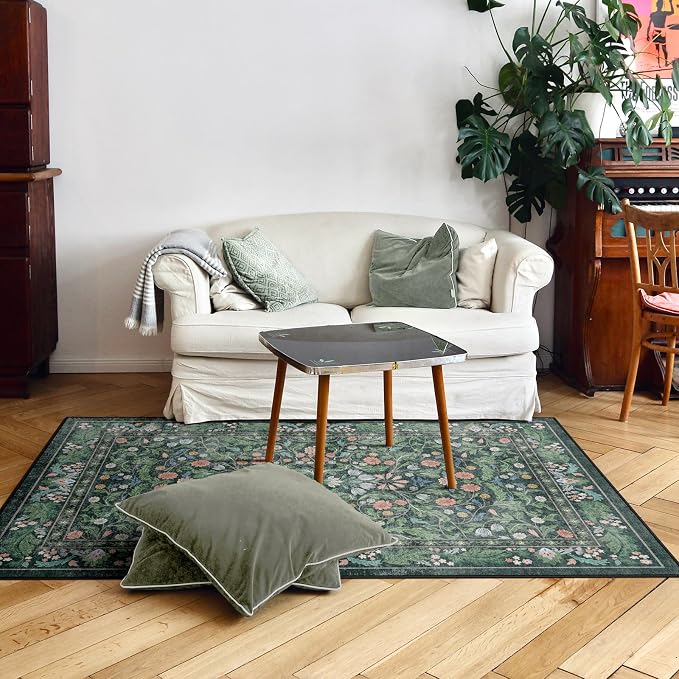 3x5 Washable Area Rug Floral Green Entryway Small Rug Vintage Forest Low Pile - Image 7