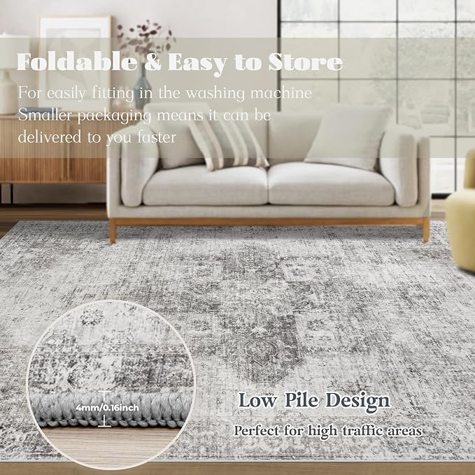 Area Rug 10x14 Washable Rug, Vintage Boho Medallion Rugs Non-Slip Soft Low Pile - Image 7