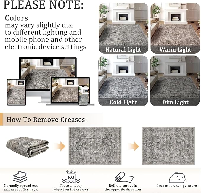 4x6 Machine Washable Area Rug for Living Room, Olive Grey Boho Vintage Floral - Image 9