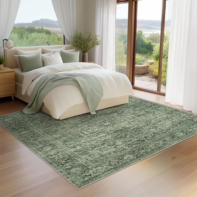 Fmfunctex 8x10 Washable Area Rug Green Vintage Neutral Distressed Oriental - Image 3