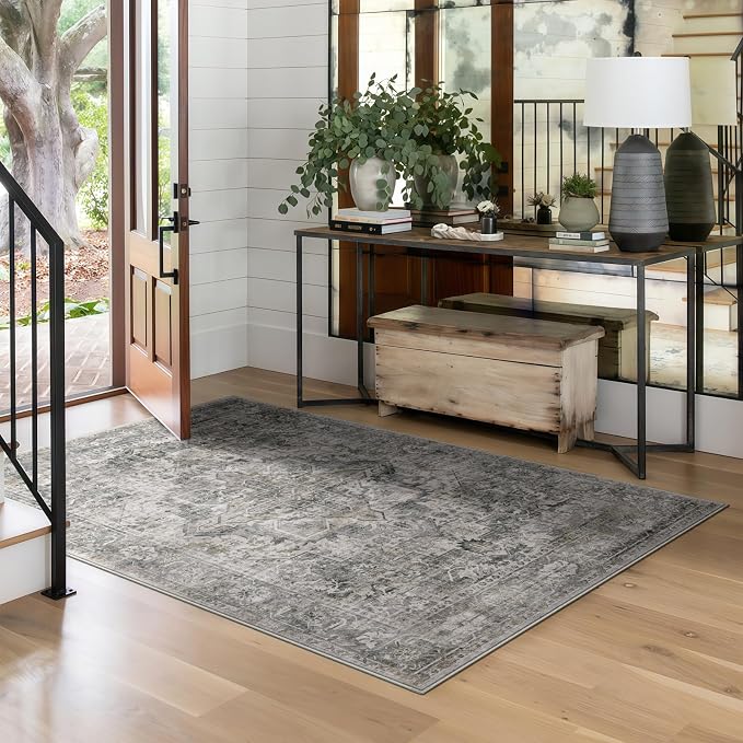 4x6 Machine Washable Area Rug for Living Room, Olive Grey Boho Vintage Floral - Image 8