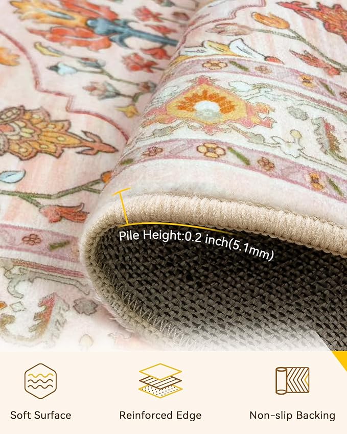 Area Rugs 6ft Washable Non-Slip, Floral Vintage Distress Print Pattern - Image 2