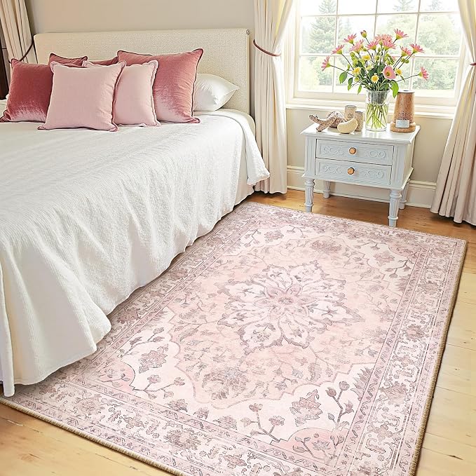 Area Rugs 4'x6' Washable Non-Slip, Floral Vintage Distress Print Pattern by RELEANY