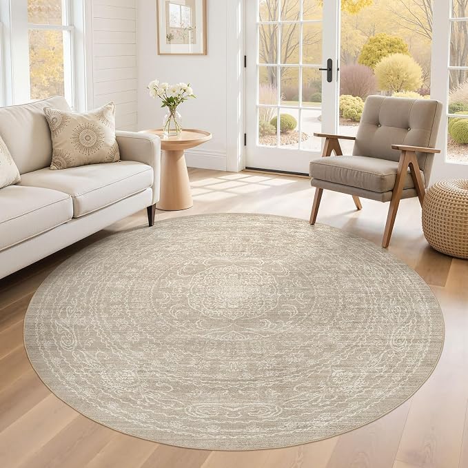 6ft Round Rug Living Room: Washable Large Vintage Rug Neutral Non-Slip Soft - Image 5