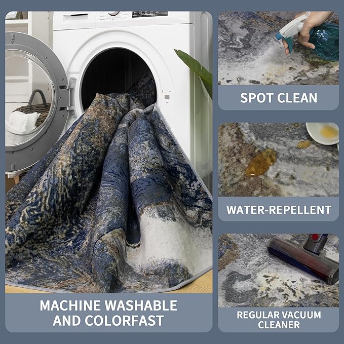 3x5 Blue Area Rug: Modern Abstract Washable Rugs - Image 5