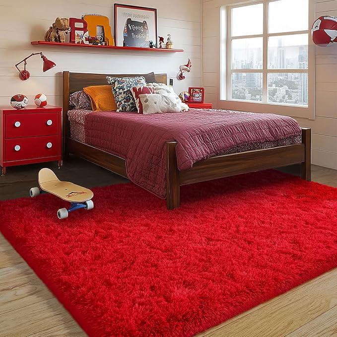 Red Fluffy Rug Plush Carpet for Bedroom Dorm, Non-Slip High Pile Rug, Shag Rug - Image 2