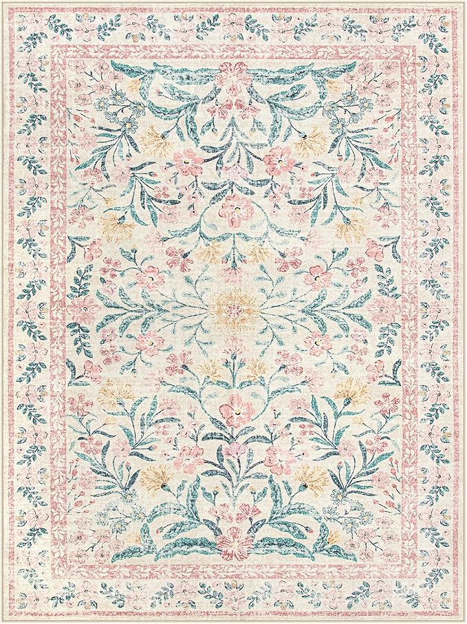 Wonnitar Floral Large Rugs for Living Room, Soft Light Pink Rug Washable 9x12 - Image 8