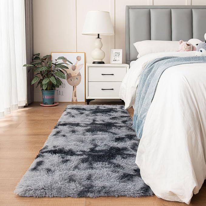 duduta Grey Plush Runner Rugs for Bedroom 2x6 ft, Tie Dye Fluffy Gray Shag Rug by Duduta