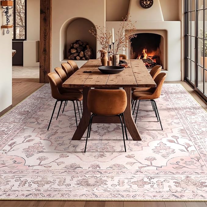 Area Rugs 10'x14' Washable Non-Slip, Floral Vintage Distress Print Pattern - Image 9
