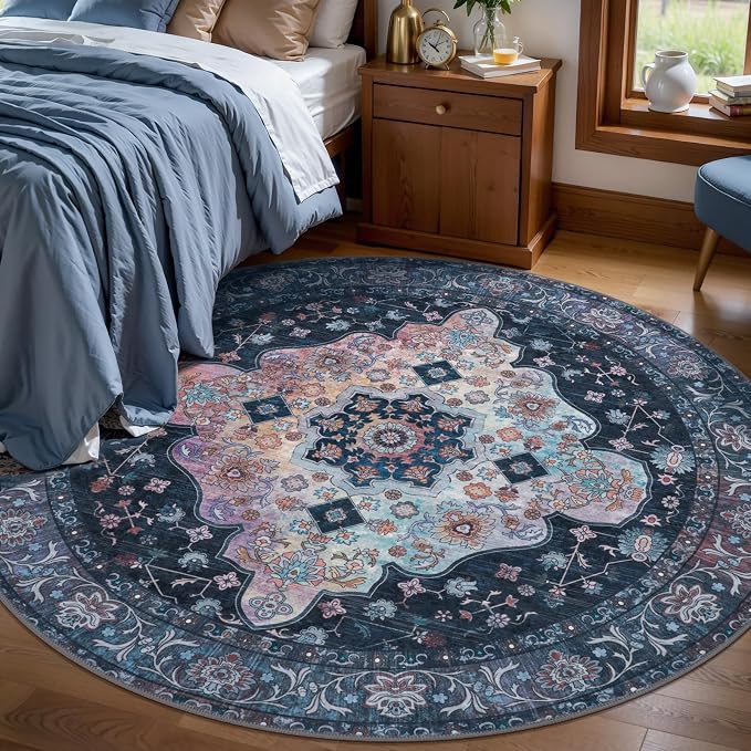 Tangsoo Vintage Round Rug 6ft, Washable Circle Rug, Non Slip Boho Round Area Rug - Image 2