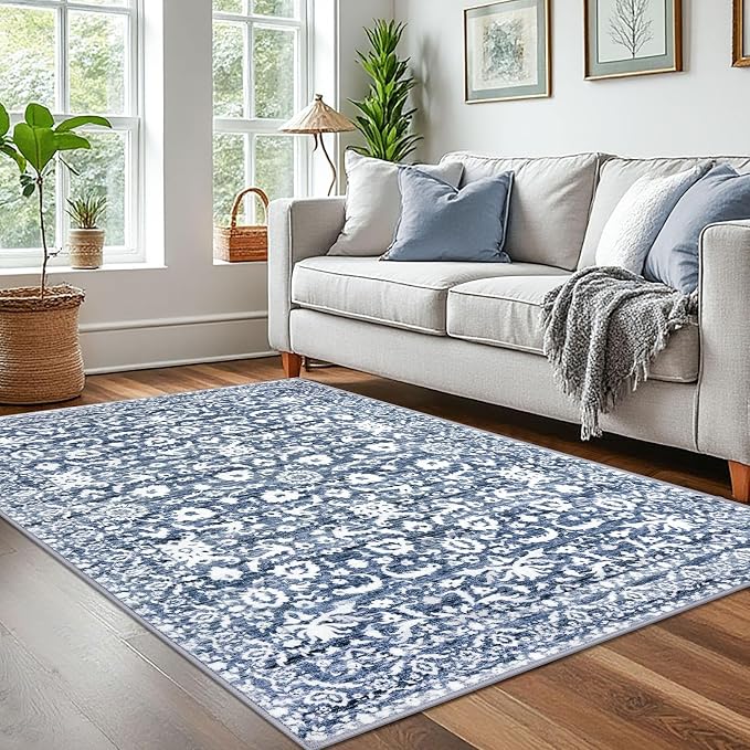 Vintage 4x6 Living Room Washable Rug, Light Blue White Non-Slip Soft Bedroom by lansny