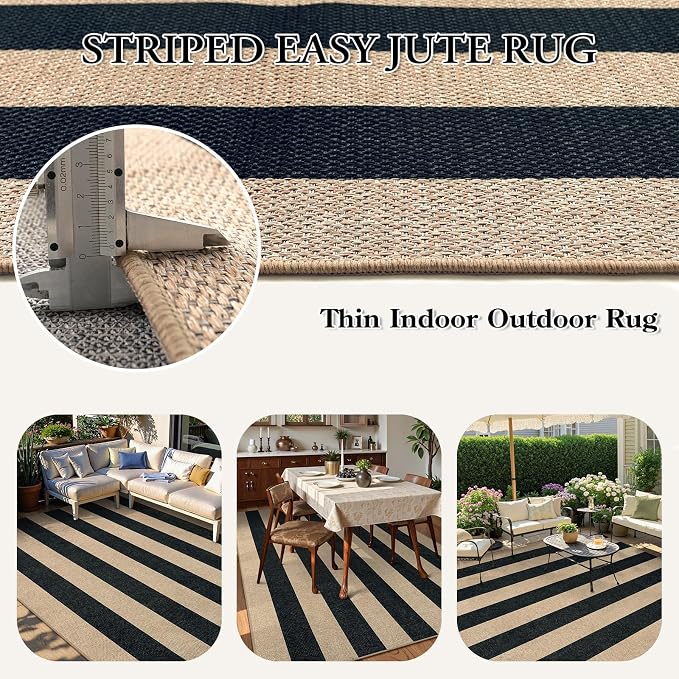 Lahome Striped Easy Jute Dining Room Rug, 6x9 Indoor Outdoor Rugs - Image 3