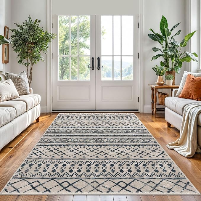 KUTA Area Rug 5x7 Light Brown Black, Washable Boho Large Living Room Moroccan - Image 2
