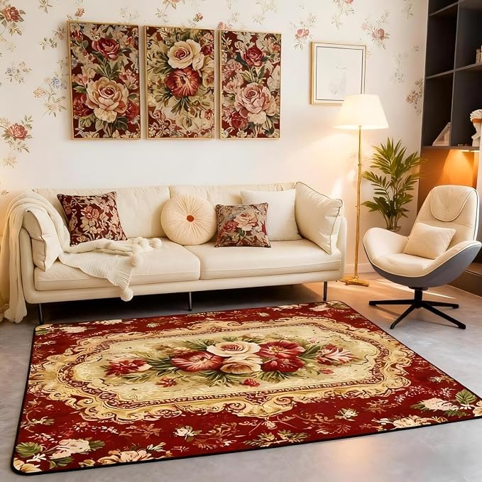Elegant Red Floral 3 x 5 Area Rug Gold Geometric Rugs - Image 4