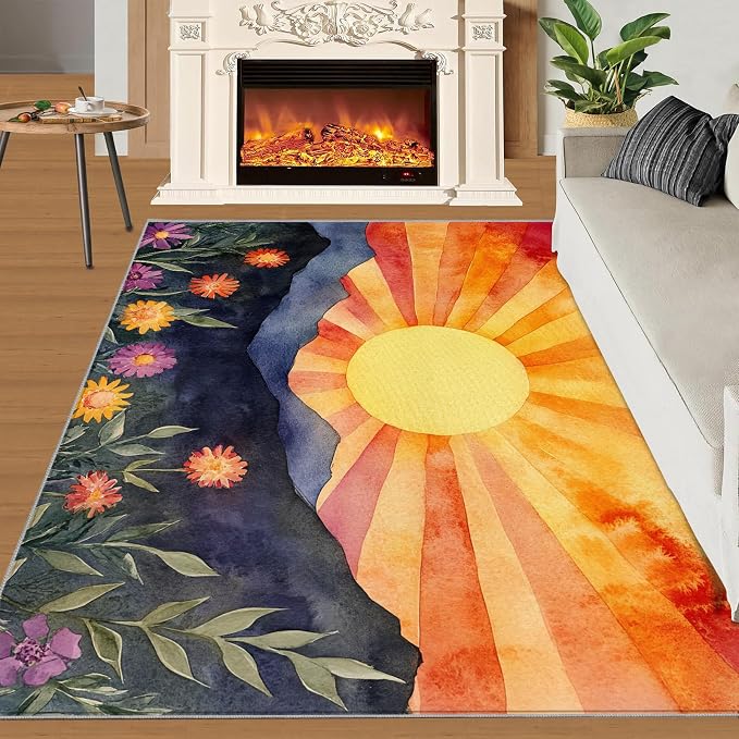 Boho Sun Area Rugs 4x5ft, Radiant Sunburst Kids Play Rug, Geometric Solar Throw - Image 2