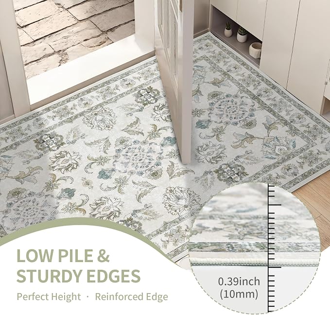 8x10 Washable Area Rugs Beige and Sage Green Vintage Boho Floral Farmhouse Rug - Image 4
