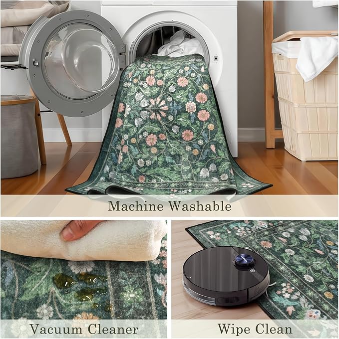 3x5 Washable Area Rug Floral Green Entryway Small Rug Vintage Forest Low Pile - Image 6