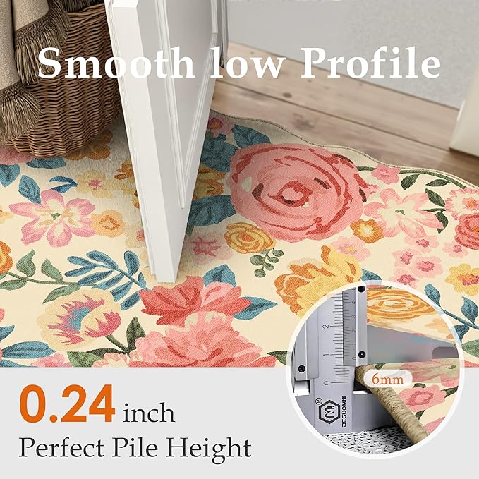 Washable Floral Area Rug 2x3 Beige Small Entryway Carpet Scalloped Flower Non - Image 3