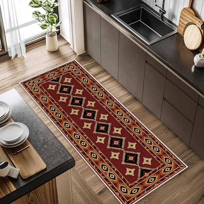Burgundy Diamond Runner Rug, 2x7ft Hallway Runner Rugs - Image 3