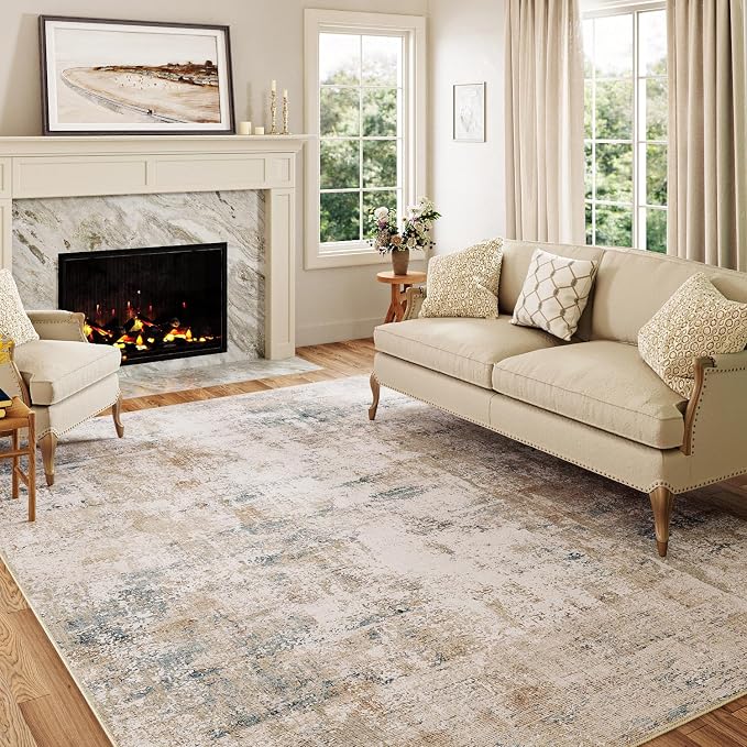 10x12 Area Rug Beige Blue Abstract Living Room Bedroom Washable Carpet Neutral - Image 4