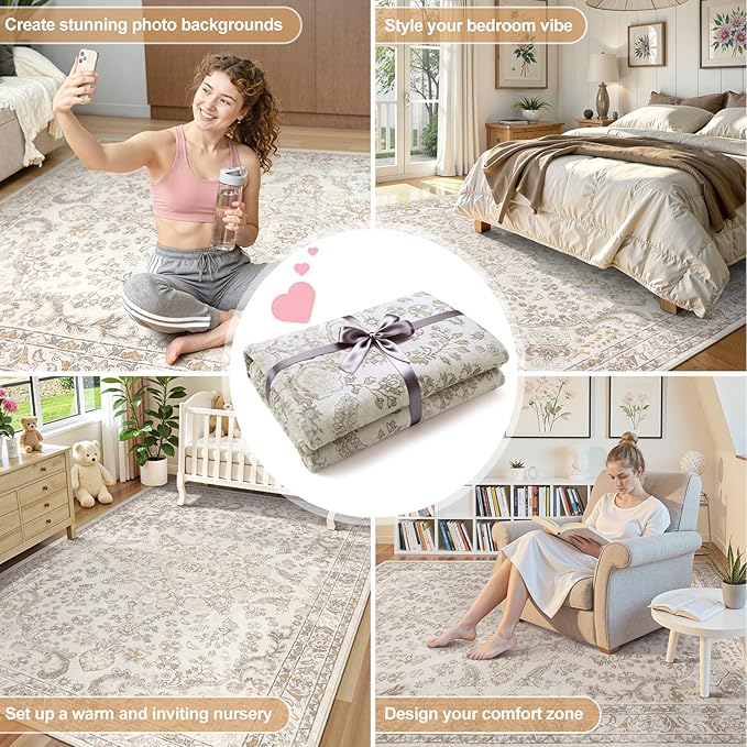 Wonnitar Vintage 5x7 Washable Rug, Neutral Rugs - Image 2