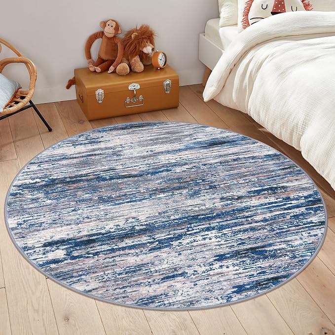 5' Round Rug Washable Rug for Entryway, Neutral Vintage Circle Rugs for Living - Image 3