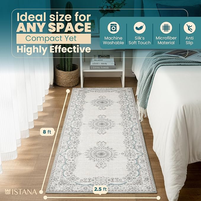 Istana Hallway Runner Rug 2.5x8 – Pink Beige Whisper/Grey/Blue Entryway Rug - Image 2