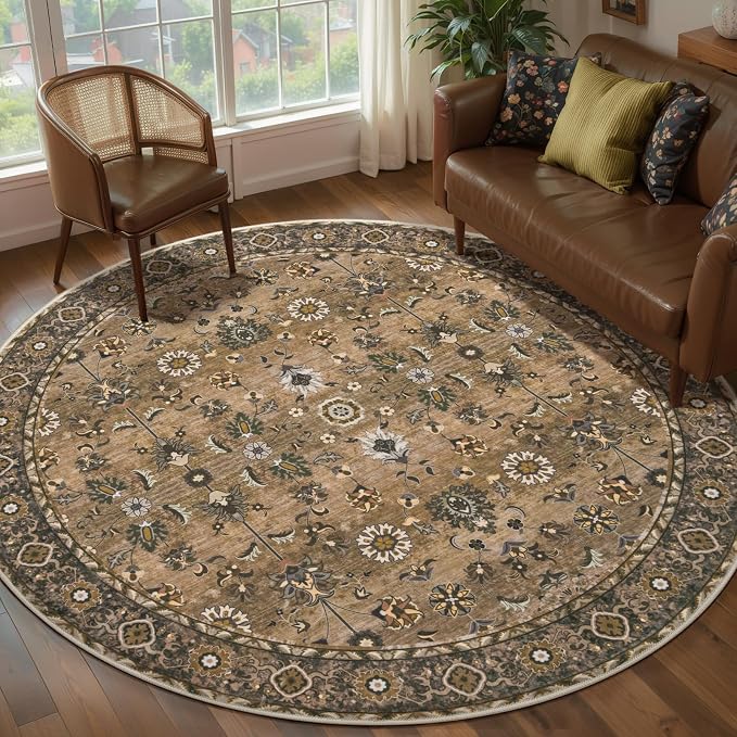 Tangsoo Vintage Round Rug 6ft, Washable Circle Rug, Non Slip Boho Round Area Rug - Image 3