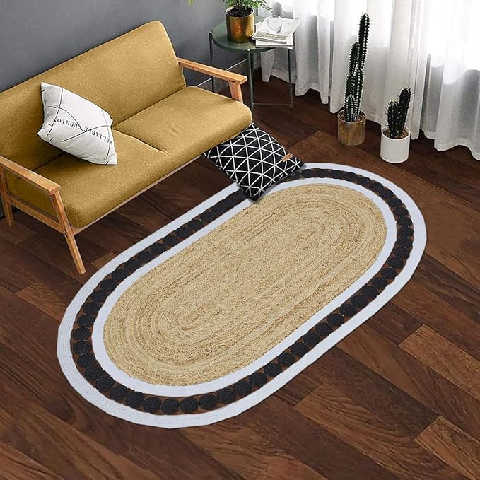 Oval Rugs for 12x18 Jute Oval Rug Natural Kilim Rug Thick 0.27" Solid Design - Image 2