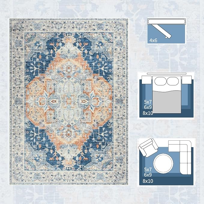 Large Area Rugs 8x10, Low Pile Washable Rugs, Soft Vintage Distressed Rugs - Image 5