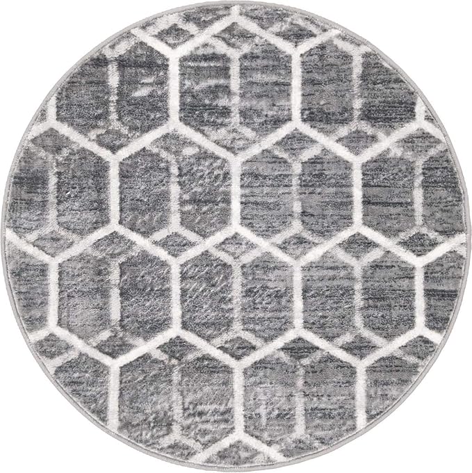 Rugs.com Lattice Trellis Collection Rug – 3 Ft Round Gray Low-Pile Rug Perfect - Image 3