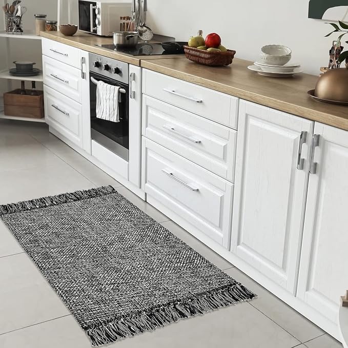 Collive Black Bathroom Rug, Cotton Reversible Entryway Rug Modern Farmhouse - Image 2