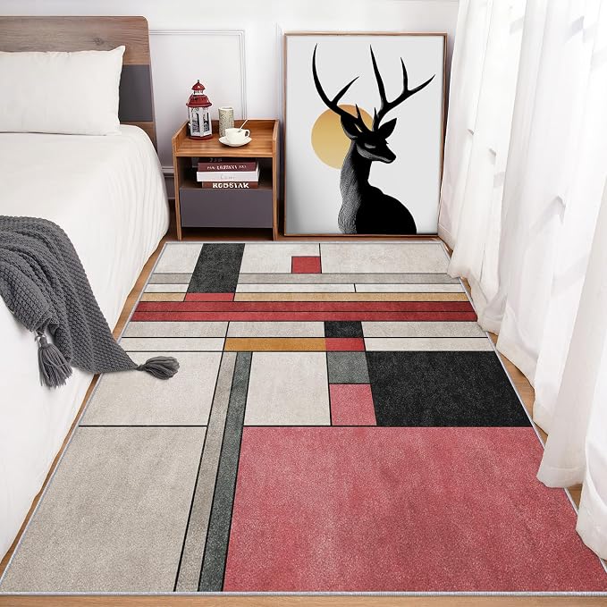 6x9 Abstract Geometric Rugs for Bedroom Decor, Washable Black White Red - Image 4