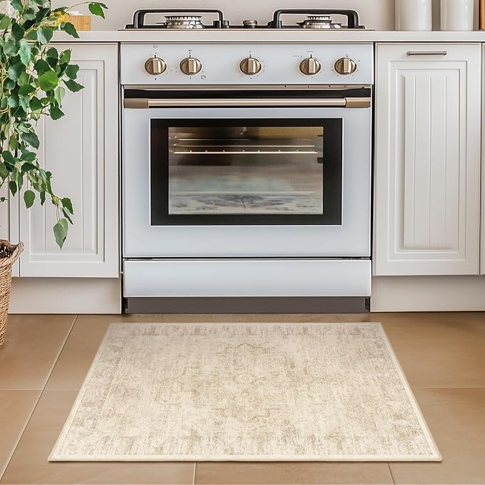 Distressed Beige Kitchen 2x3 Rugs Non Slip Washable, Natural Farmhouse Vintage - Image 3