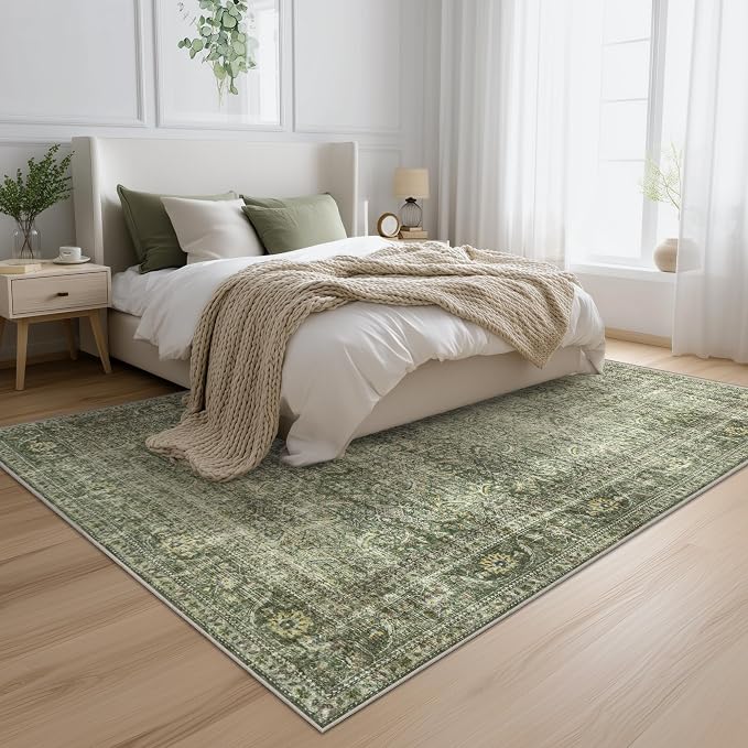 FMFUNCTEX 6x9 Washable Area Rug Green Vintage Neutral Distressed Large Non Slip - Image 3