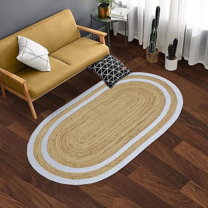 Oval Runner 2x12 Kilim Jute Runner Natural Oval Thick 0.27" Solid Design Beige - Image 2
