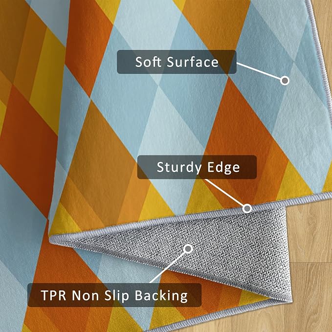 Washable 5x6 Diamond Rug Living Room, Geometric Orange and Blue Plaid Design - Image 6