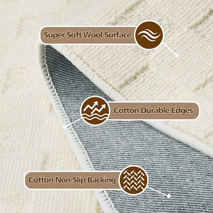 ANSSO Wool Rugs 8x10 for Living Room, 80% Merino Wool and 20% Cotton Soft - Image 4
