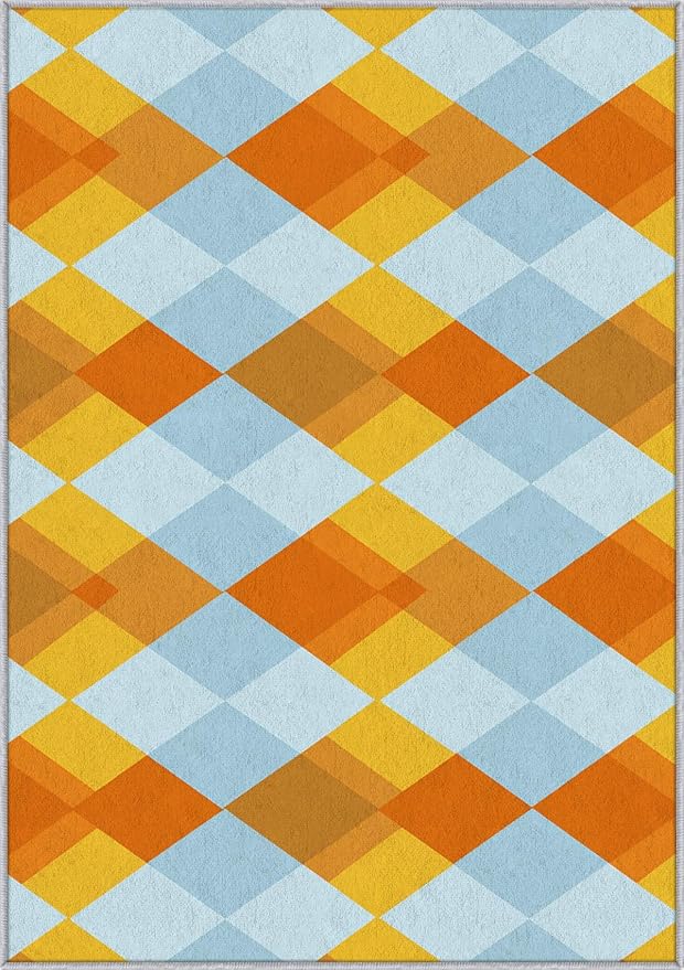 Washable 6x8 Diamond Rug Living Room, Geometric Orange and Blue Plaid Design - Image 3