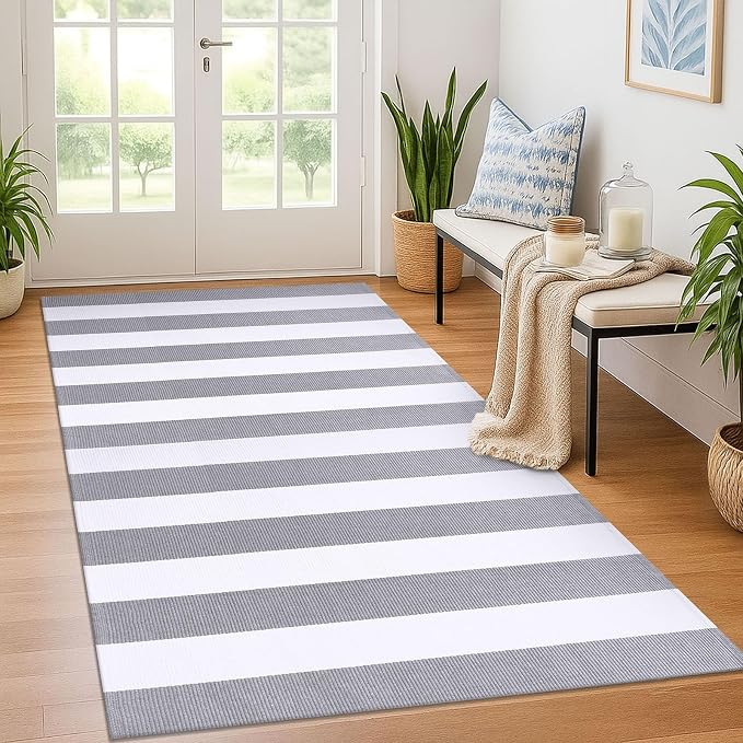 KOZYFLY Grey and White Striped Rug 4'x6' Indoor Outdoor Rug Cotton Hand-Woven by KOZYFLY