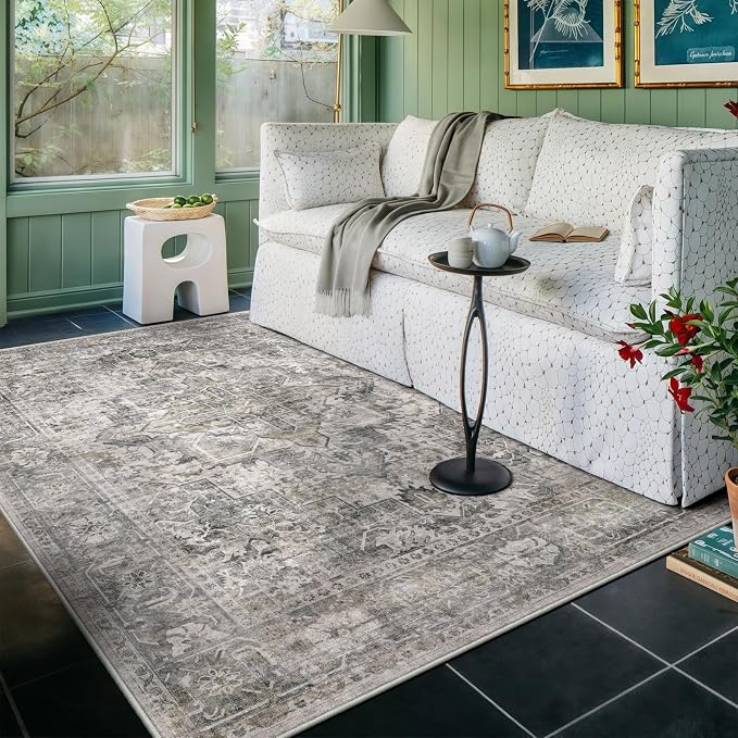 4x6 Machine Washable Area Rug for Living Room, Olive Grey Boho Vintage Floral by GERUIMO