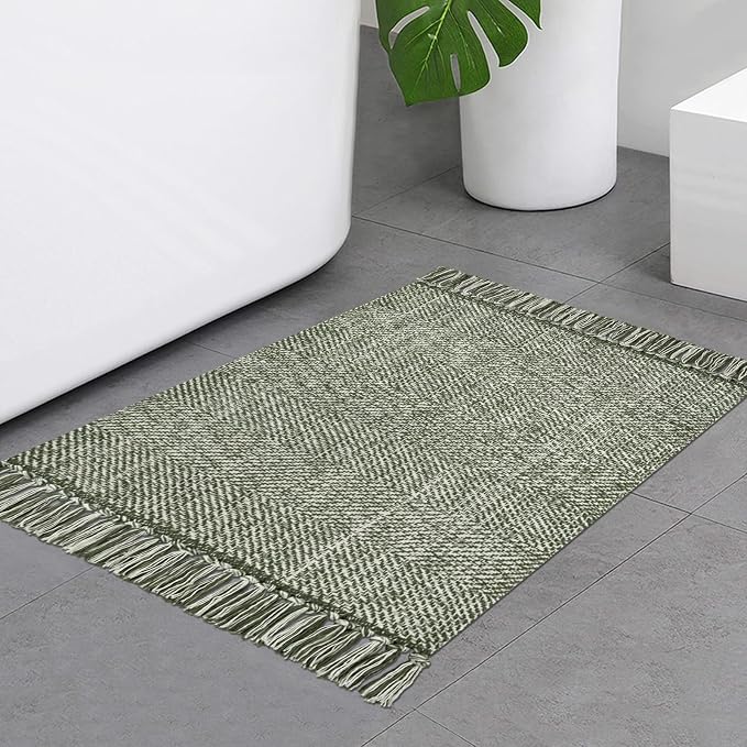 Collive Small Bathroom Rug, Olive Green/Cream Cotton Reversible Washable by Collive
